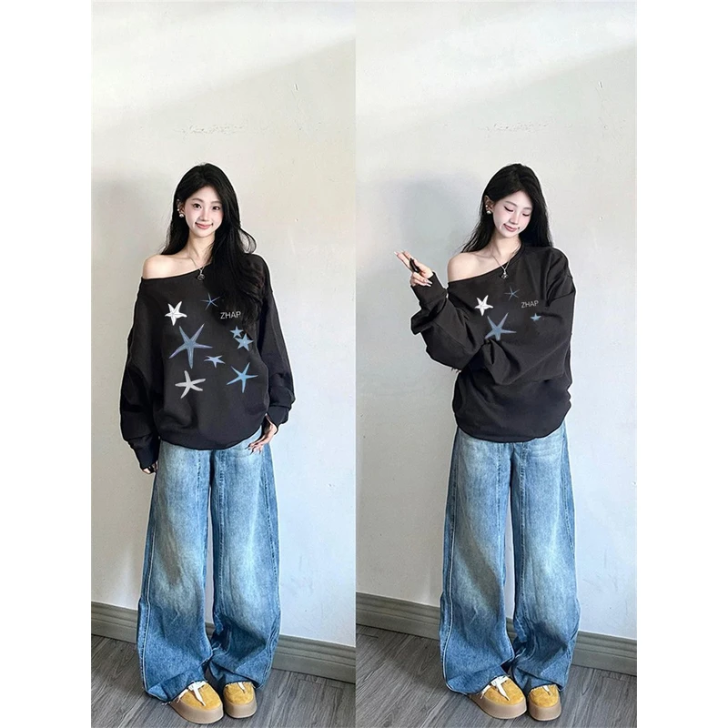 【ZHAP】斜领露肩新款卫衣女秋季新款chic欧美风清新可爱印花百搭轻