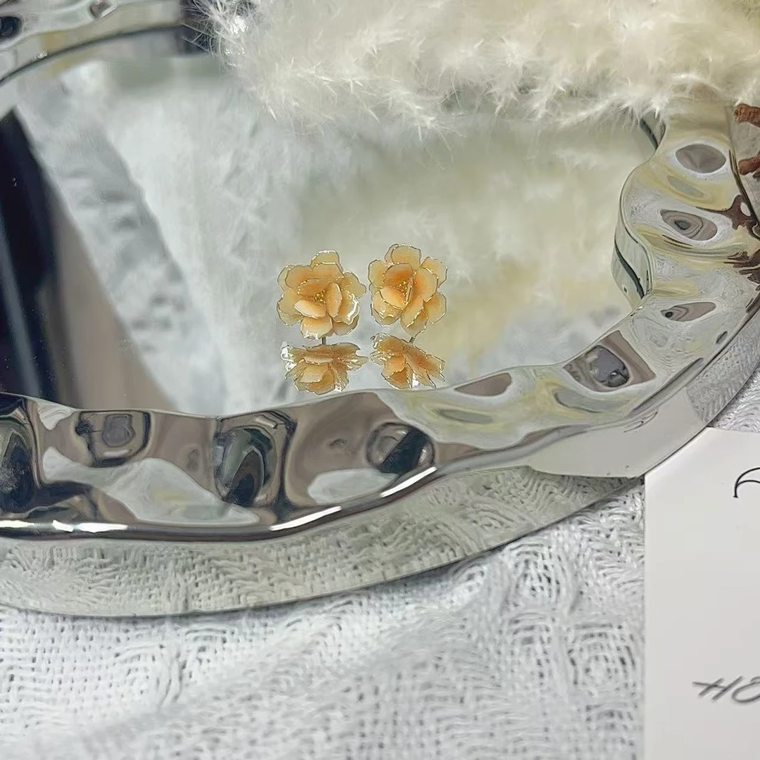 合金树脂耳饰 纯手工掐丝花卉简约百搭时尚气质小众素款黄色925银