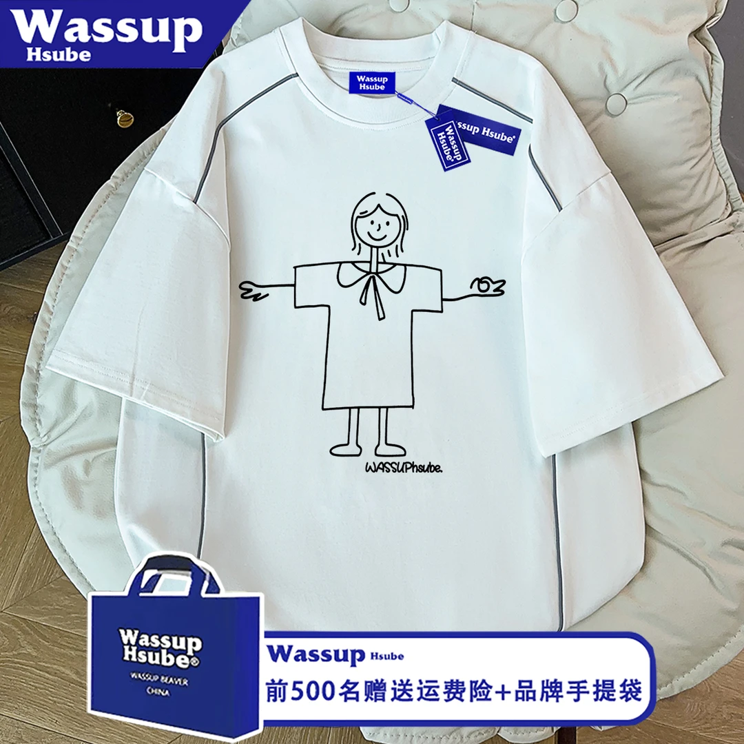 WASSUP HSUBE夏季简画小女孩印花拼接线条短袖T恤男女款宽松上衣
