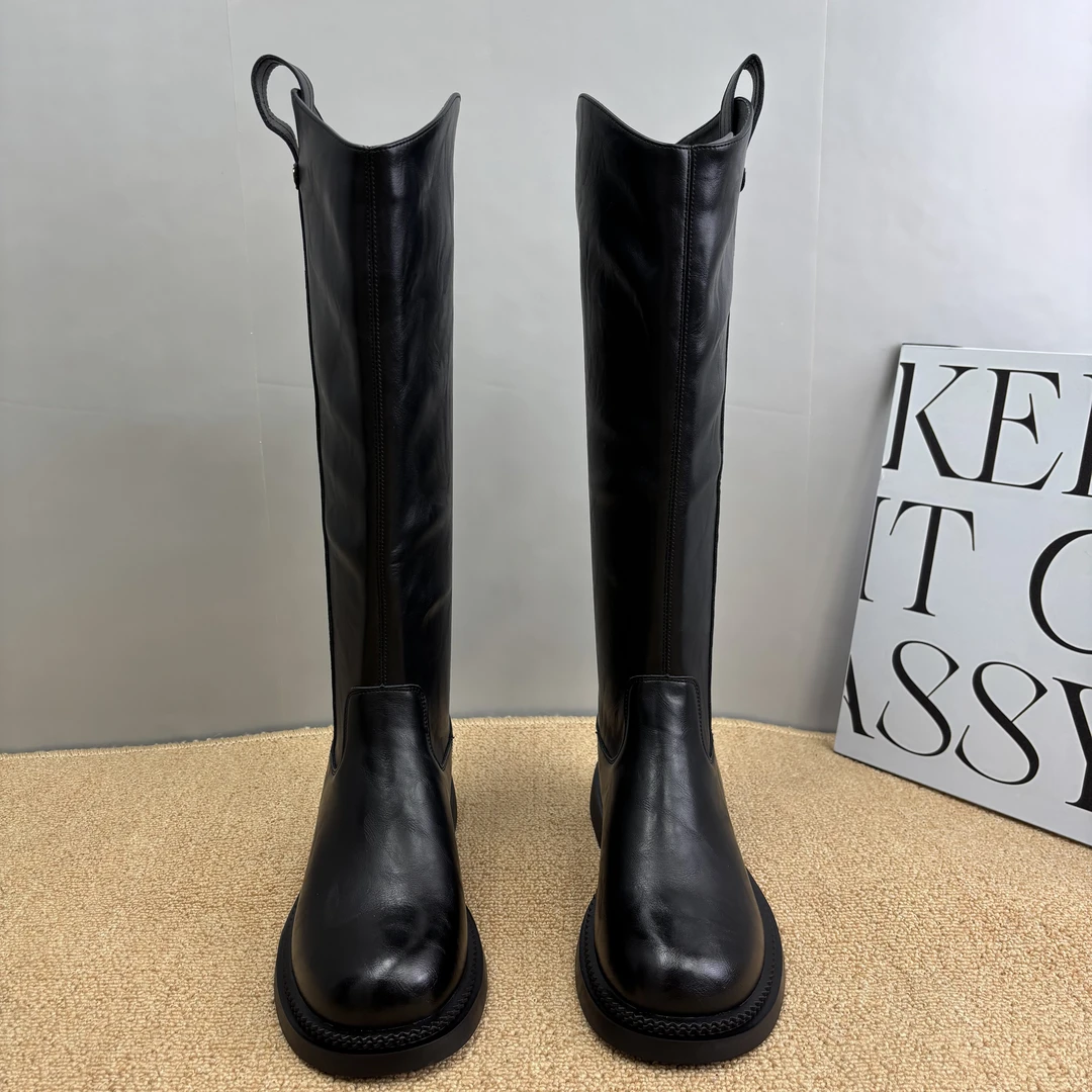 薄底长筒时装骑士靴棕色中筒靴秋季冬季女时尚加绒城市游牧风女靴