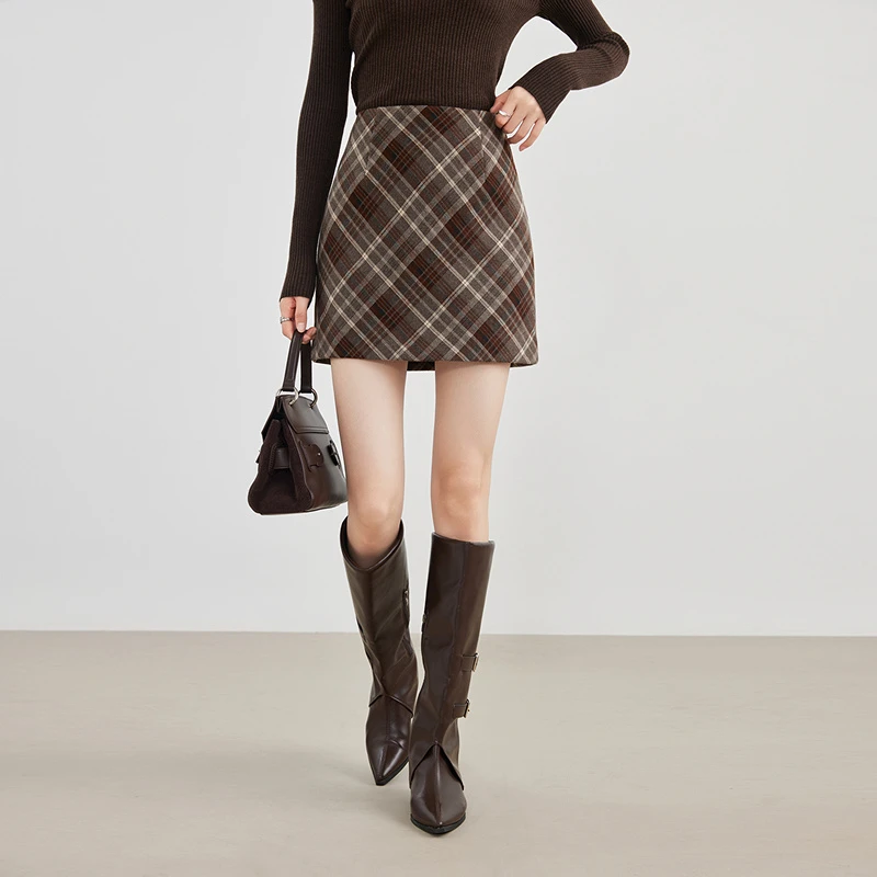 秋冬款高腰O型格子半身裙短裙半裙千鸟格裙子百搭YA25334Q001