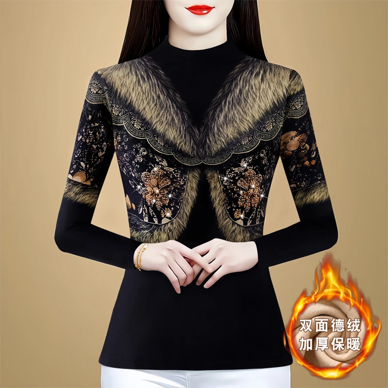GF#5578 烫钻时尚一体绒打底衫秋冬新款百搭长袖减龄保暖上衣洋气