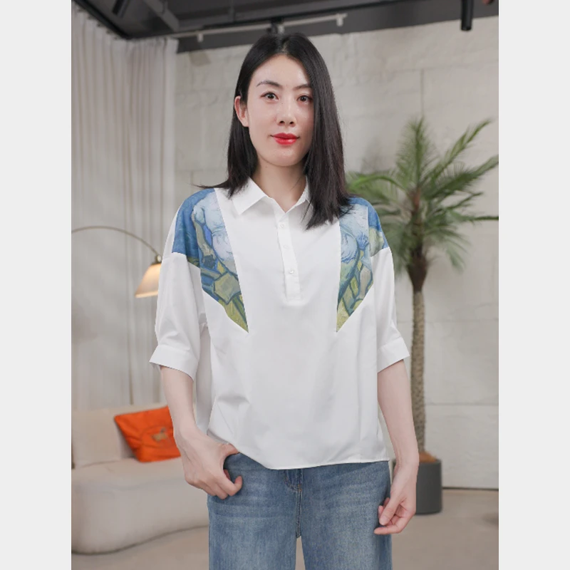 夏季印花撞色翻领女士显瘦衬衫气质百搭薄款潮流设计感上衣C6138