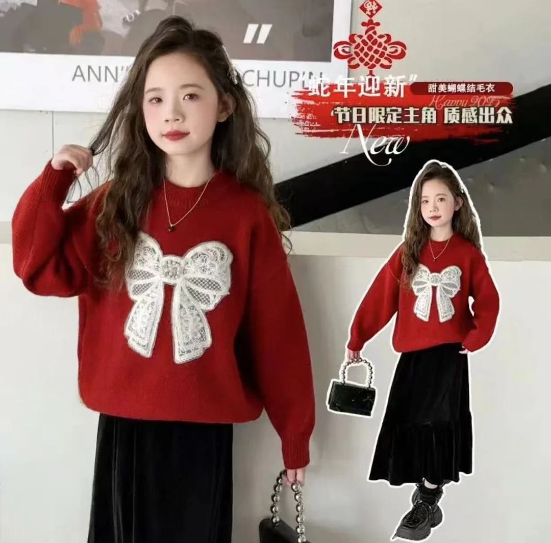 秋冬女童时尚亮眼水晶绒蝴蝶结针织套头毛衣