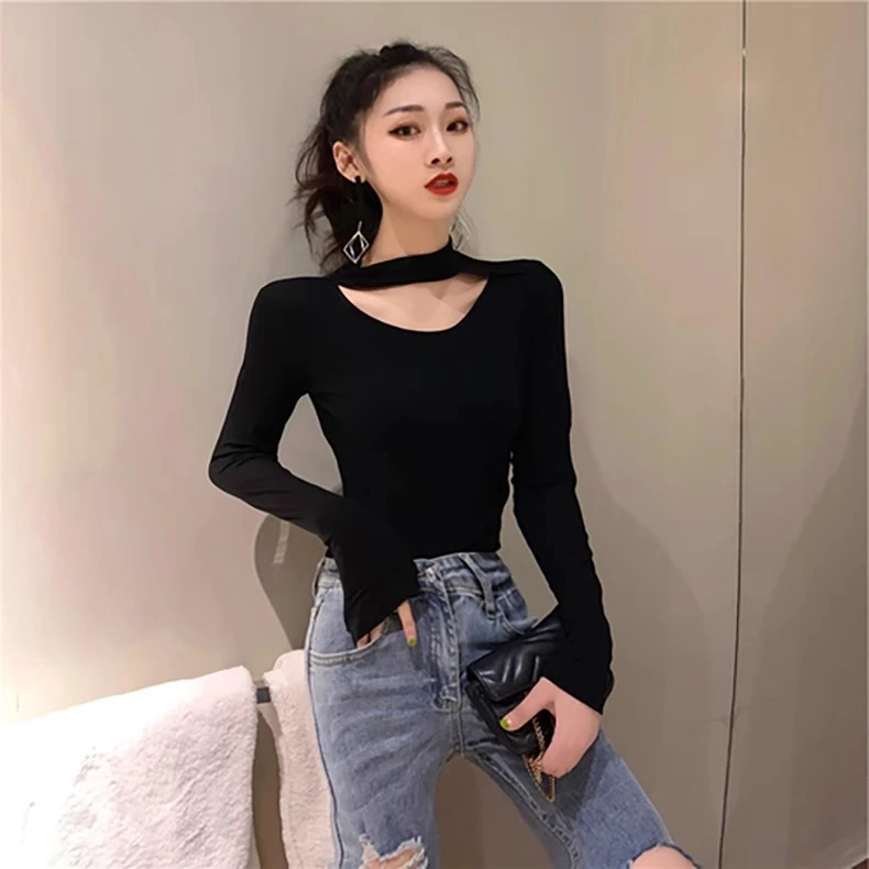 设计感低领口挂脖长袖T恤女秋季内搭上衣ins风甜辣修身显瘦短款