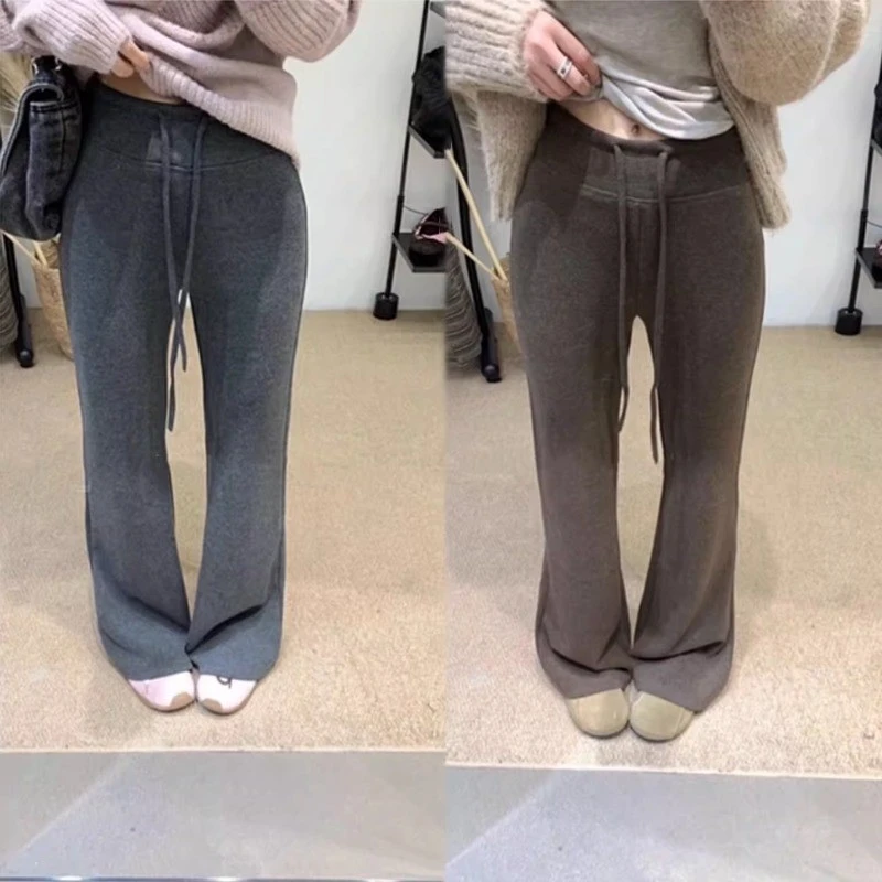 2025秋冬新款韩版时尚百搭显瘦高腰抽绳微喇加绒休闲裤女加厚长裤