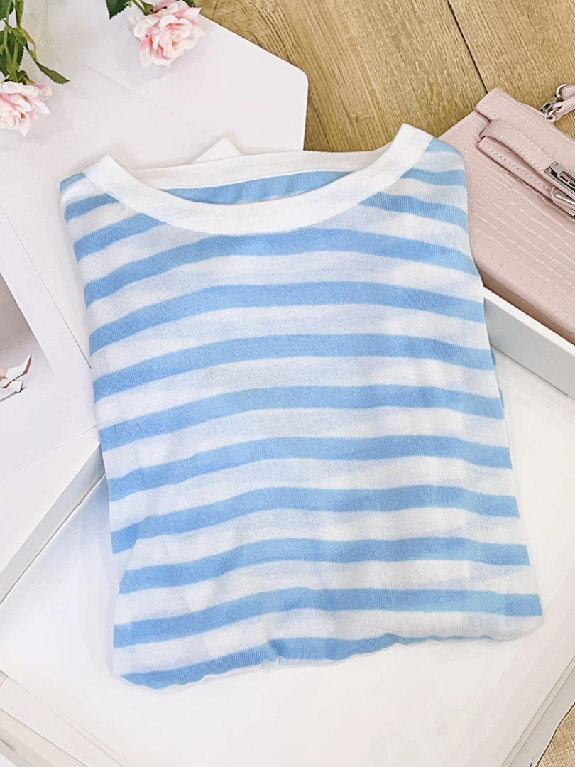 琳心丨夏季新款蓝色条纹长袖圆领衬衫 AL6006