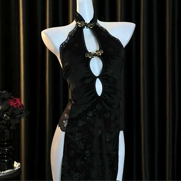 旗袍丝绒开衩显腿长睡裙