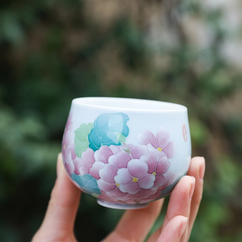 官润窑手绘陶瓷主人杯釉下彩品茗杯茶杯功夫茶杯创意龙蛋杯绣球花
