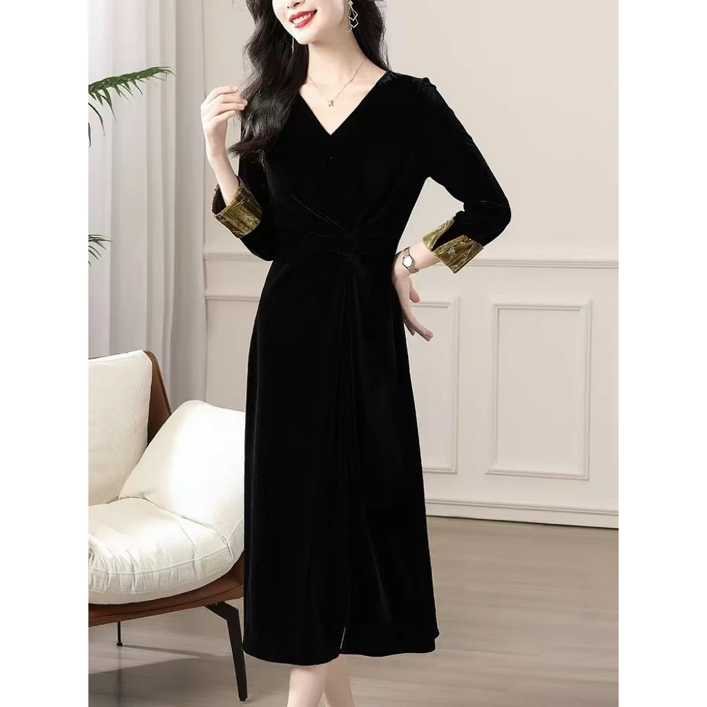 新款中式长裙女收腰V领轻熟复古蝴蝶高级感连衣裙L728