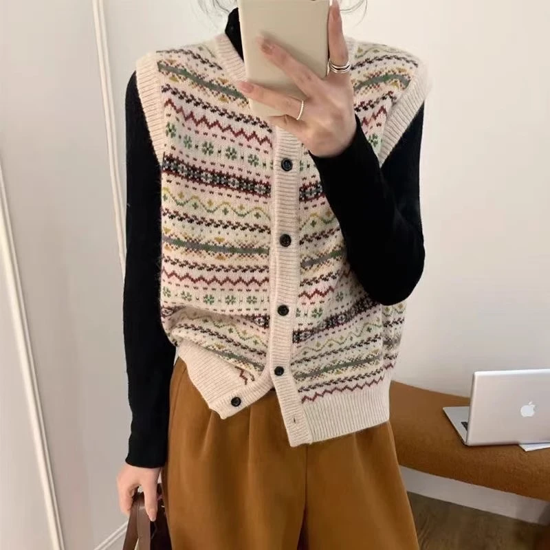 【现货】时尚圆领针织开衫马甲复古提花百搭上衣女装毛衣外套