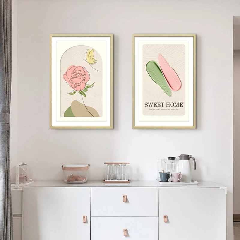 奶油风餐厅装饰画现代简约饭厅两联挂画郁金香餐桌两联玫瑰花4060