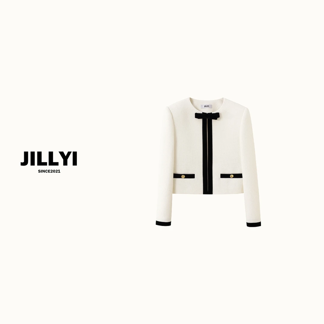 jillyi【甜心密语】白色圆领领带对襟静奢时尚外套秋冬气质百搭
