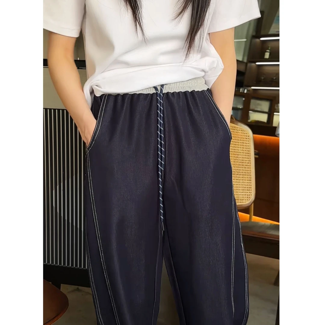 春夏薄款香蕉弯刀牛仔裤百搭洋气裤子松紧直筒显瘦休闲裤阔腿裤