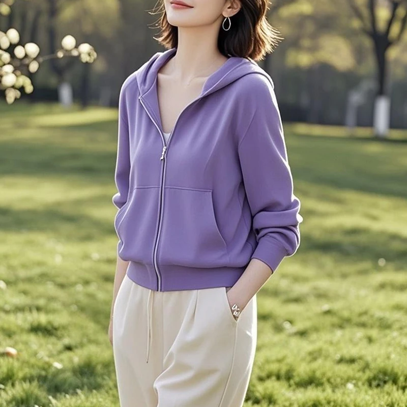 纯棉大码宽松百搭卫衣洋气外套女士秋冬纯色连帽上衣中老年妈妈装