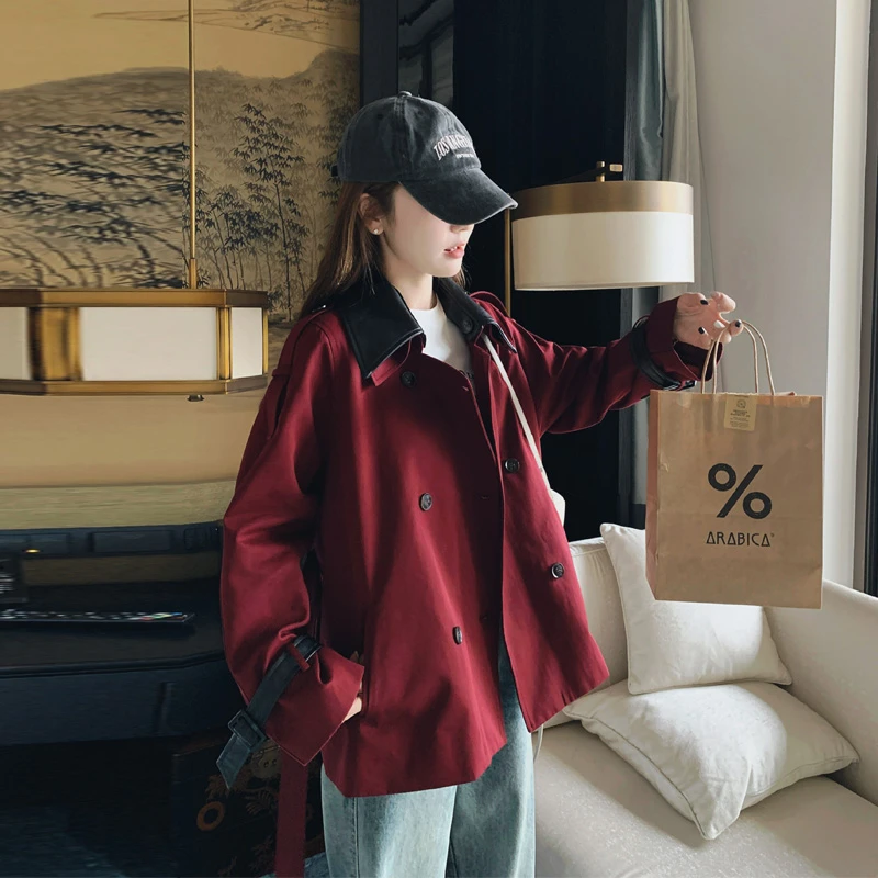 安可拉红风衣外套女2025春秋新款小众设计感简约韩系显瘦短款开衫