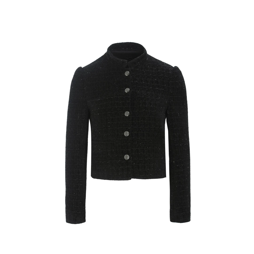 早秋小香风黑色立领短款外套0048