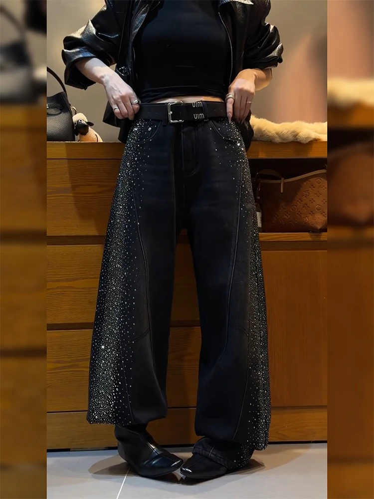 美式辣妹时尚满天星亮钻牛仔裤子女复古小众设计感百搭拖地阔腿裤