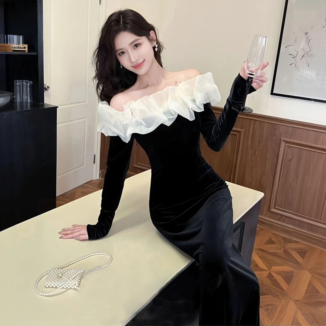 大码胖MM黑色一字肩生日party礼服长裙高级感丝绒性感法式连衣裙