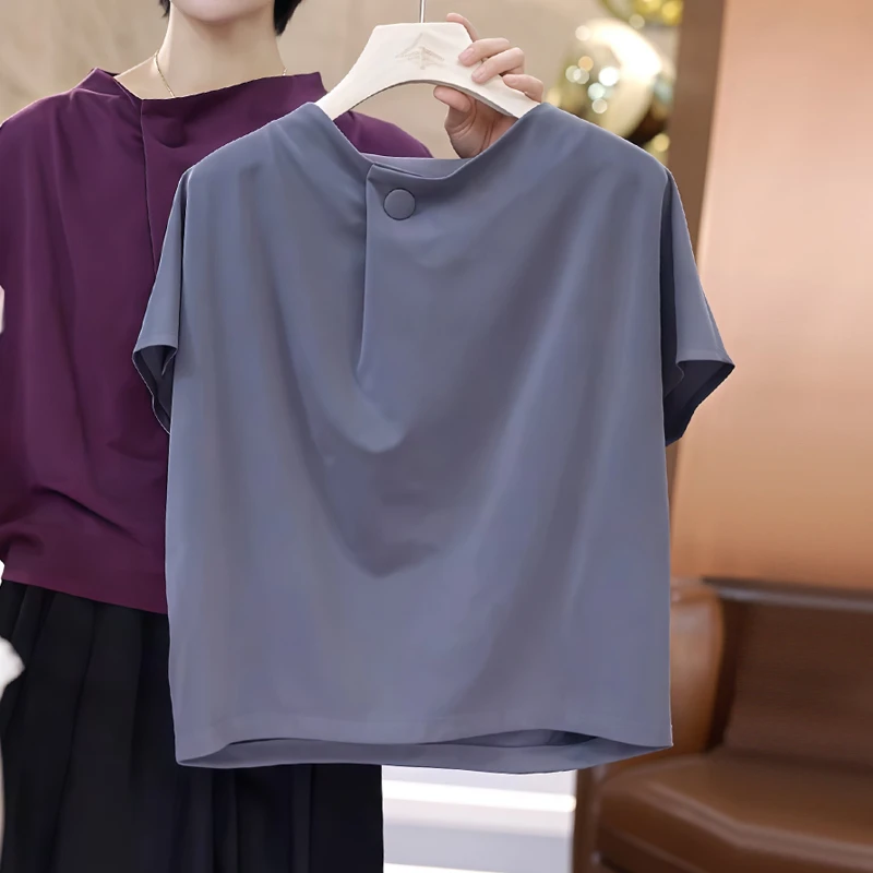 2025年夏季新款设计感小众休闲纯色上衣气质洋气百搭短袖卫衣女