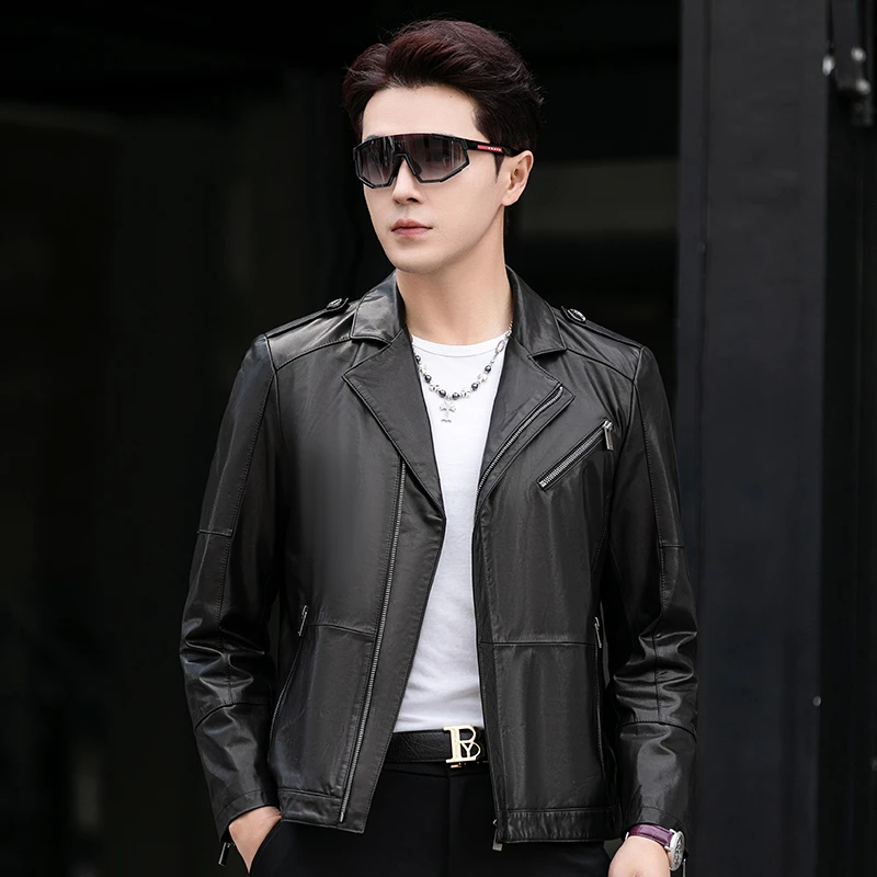 VBA 5516Y ZKK山羊皮单装机车服真皮皮衣 短款休闲皮夹克外套男装