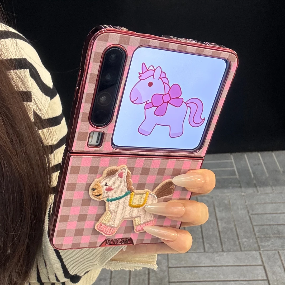 适用华为purax折叠屏手机壳粉白皮质pocket2格纹刺绣小马独角兽女