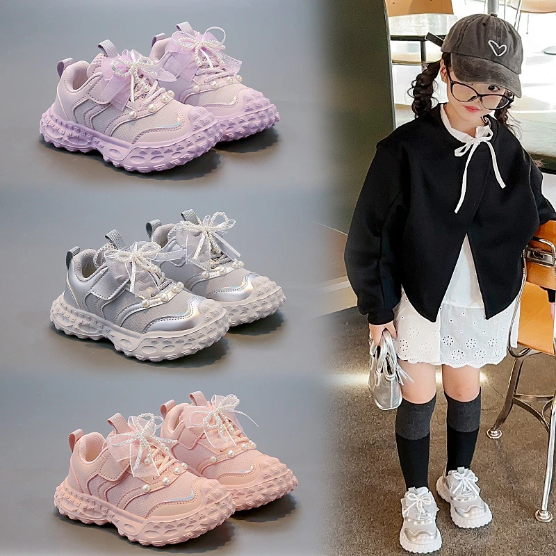 皮面儿童运动鞋2025年秋款女时尚蝴蝶结软底防滑休闲鞋子YY-2017