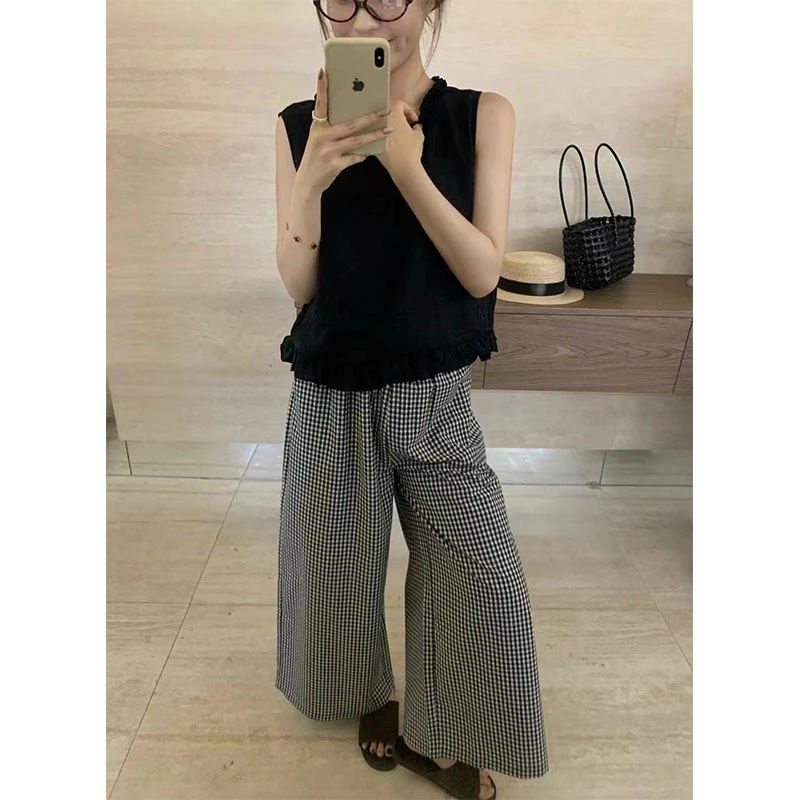2025夏甜美减龄时尚圆领无袖木耳边显瘦上衣+阔腿格子裤两件套女