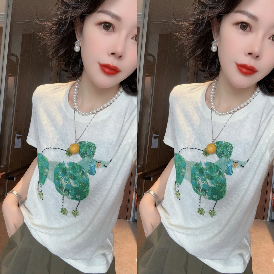 【小韩家】欧货2025夏新款圆领重工钉珠时尚百搭短袖T恤