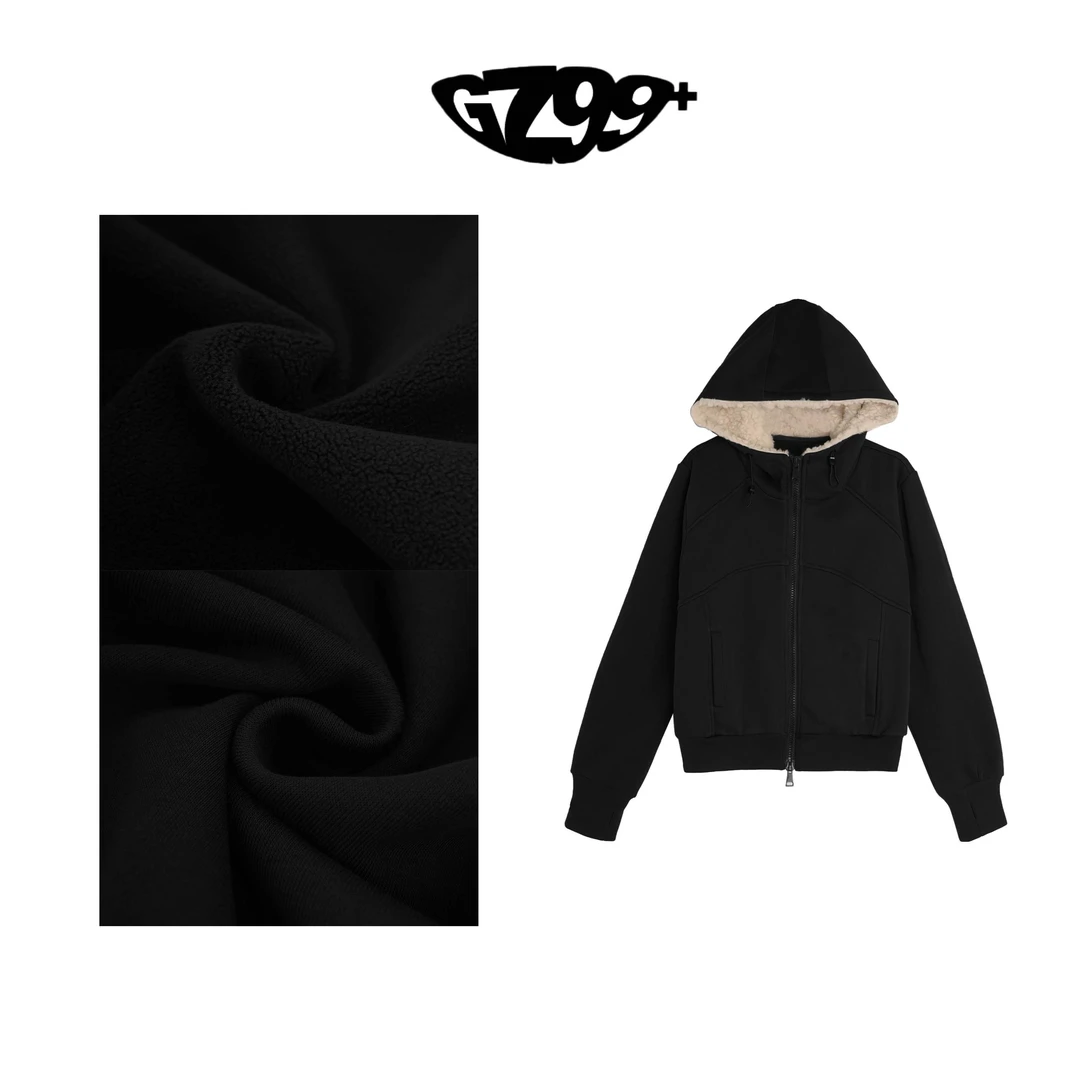 小九推荐冬季新款设计师轻奢加绒加厚拉链连帽外套-T6627