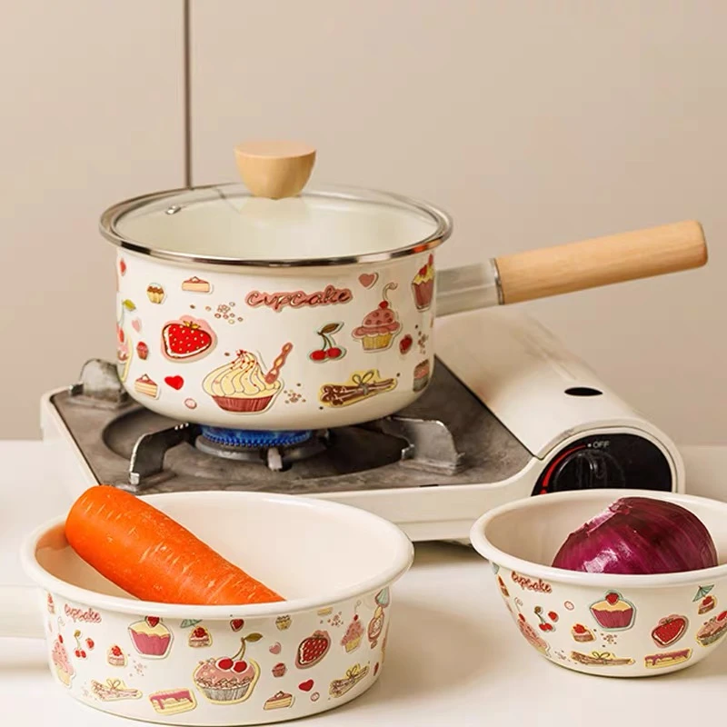 蘑菇家居小蛋糕18cm单柄搪瓷奶锅高级珐琅锅奶锅加厚加热煮泡面