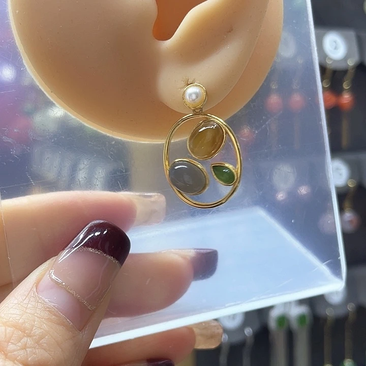 和田玉耳饰银S925镀金镶嵌