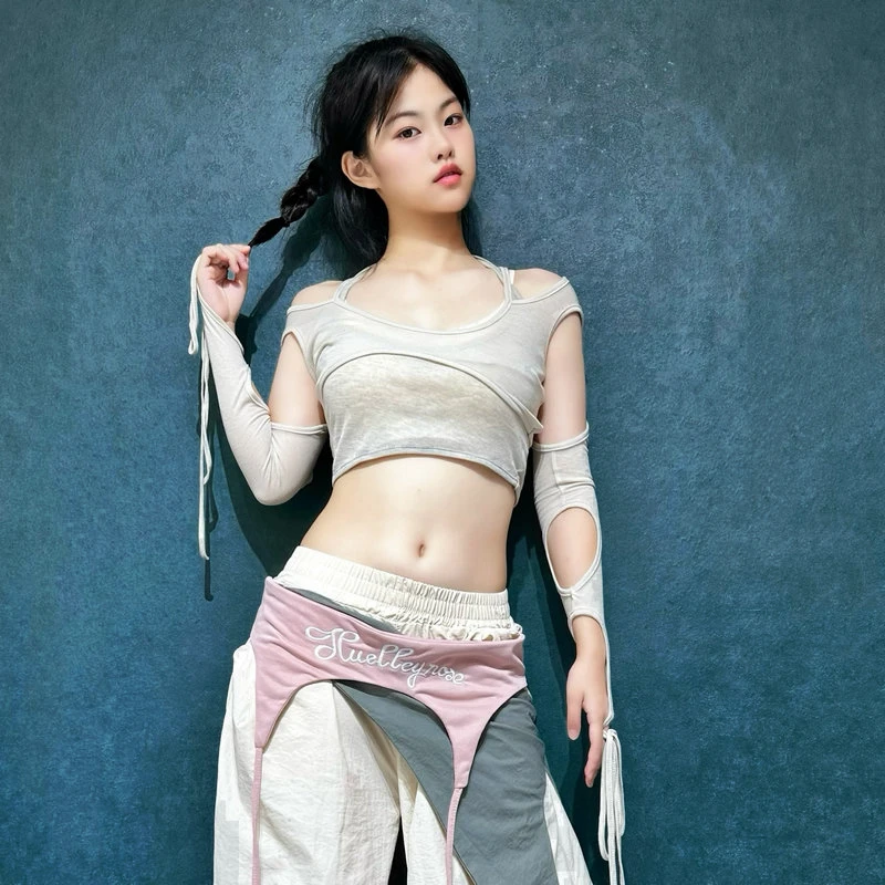 辣妹短款jazz上衣爵士跳舞服装设计感露肩kpop女团舞蹈打歌服薄款