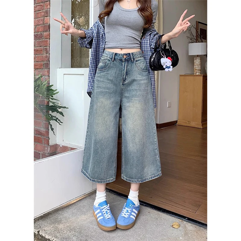 2025夏季新款韩版复古水洗八分牛仔裤女高腰直筒阔腿裤八分裤8868