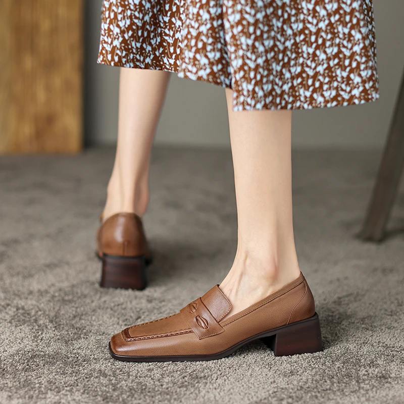 李大龙~羊皮5公分/通勤显瘦英伦风乐福鞋百搭粗跟复古方头单鞋