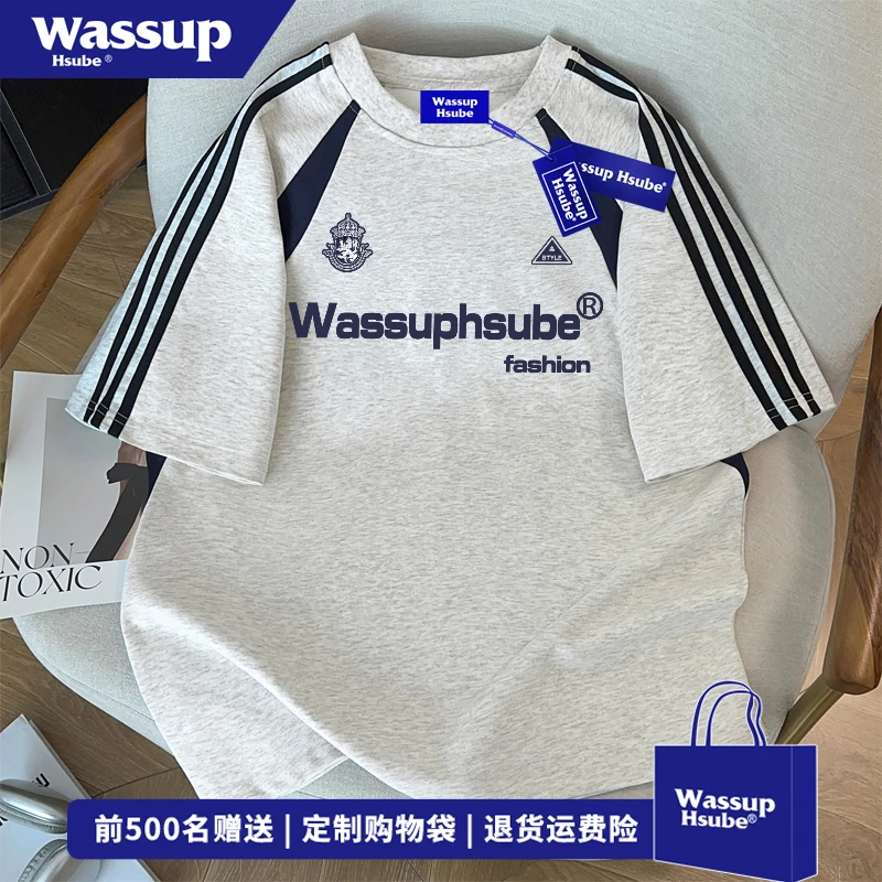 WASSUP HSUBE美式原创字母印花纯棉短袖t恤男休闲百搭三条杠上衣