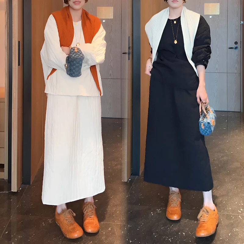 官图 韩版棉衣套装冬季复古简约上衣高腰半身长裙森系夹棉两件套