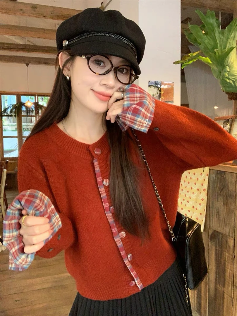 假两件格子拼接针织开衫女秋冬季软糯毛衣外套内穿搭灰色正肩上衣