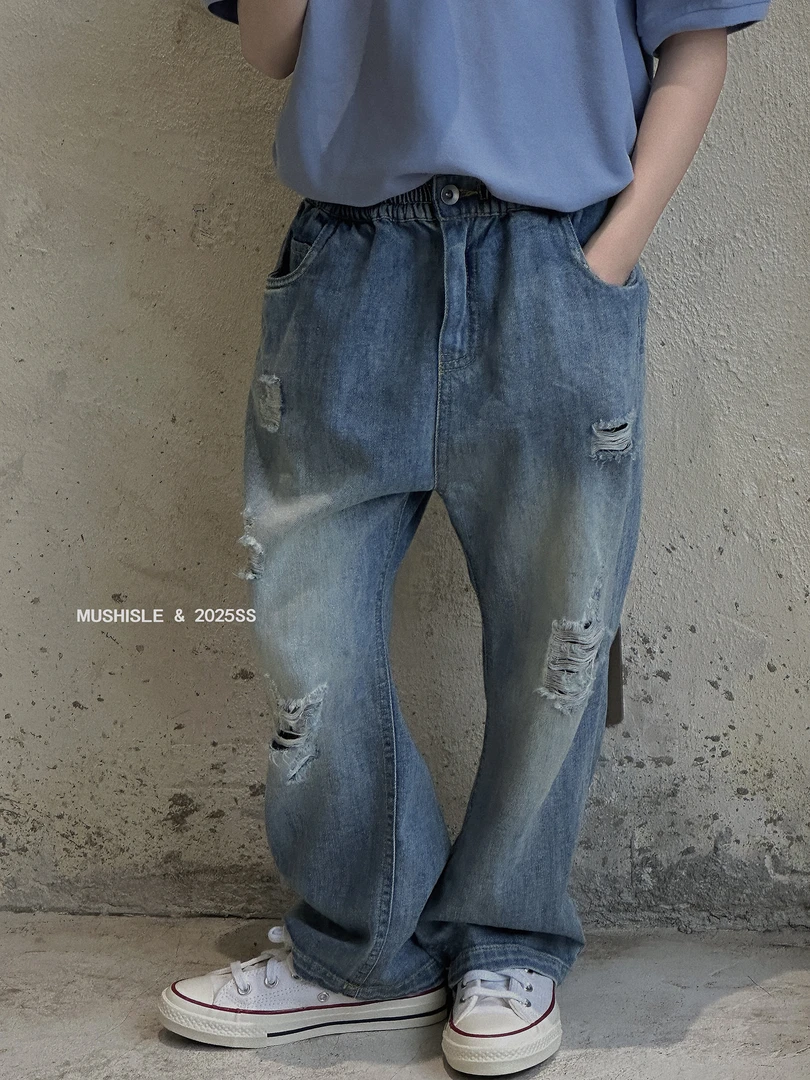 【MUSHISLE】阿又夏季童装儿童男童中大童潮流磨破时尚牛仔裤85028X