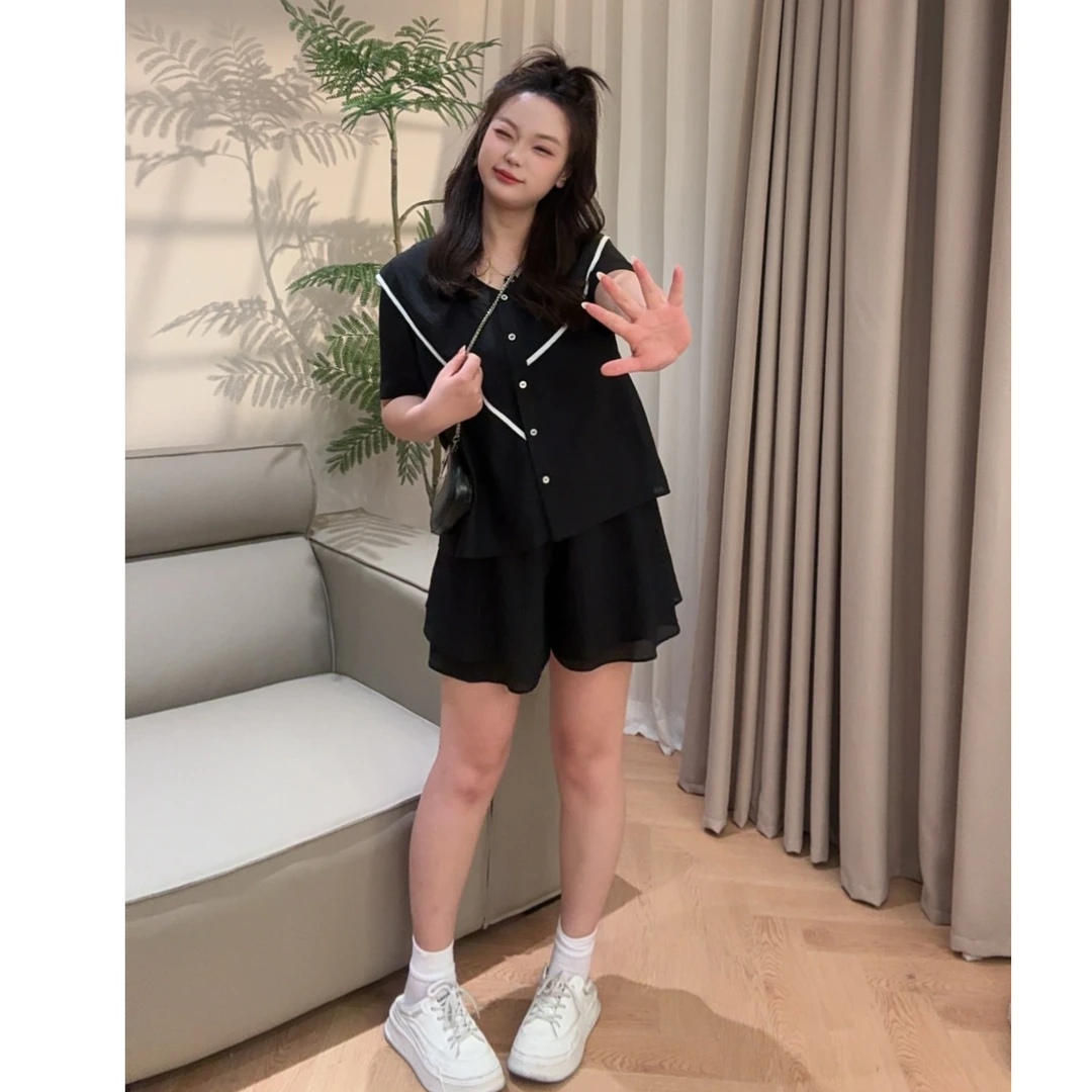 楠序魏魏【巧国源记】微胖女装 2025年夏新款休闲时尚感套装NX13539