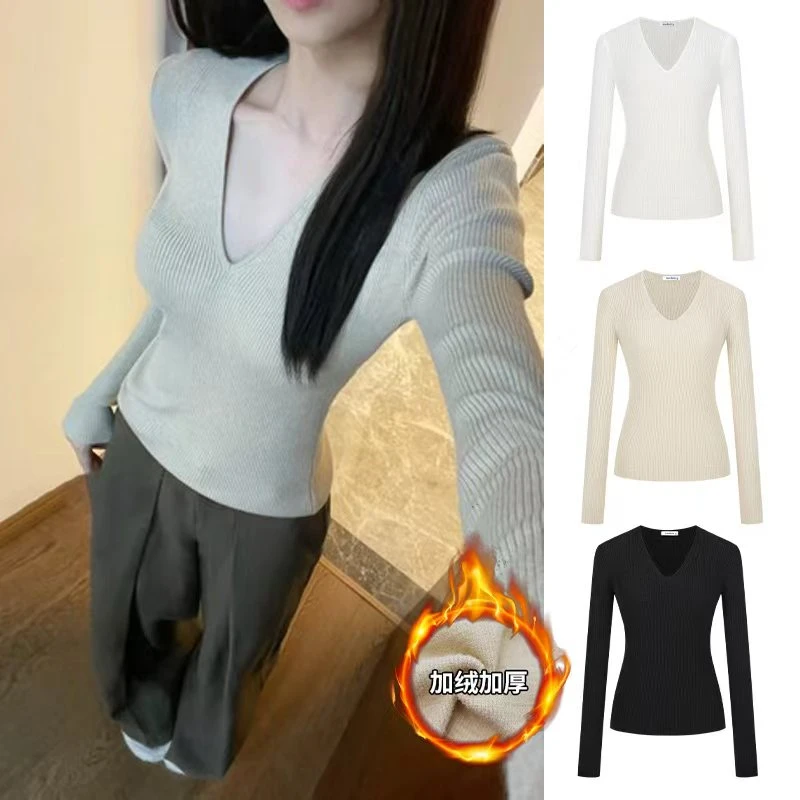 MosesQueen/魔西女王纯欲V领正肩T恤针织修身显瘦打底上衣