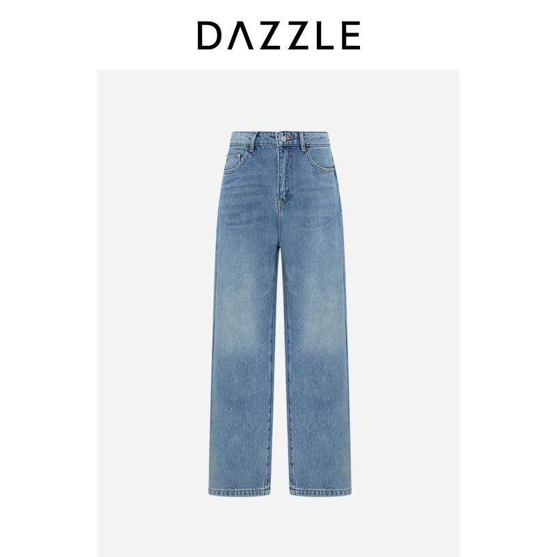 DAZZLE 地素奥莱牛仔裤冬季蓝色牛仔开衩直筒裤2I4R404