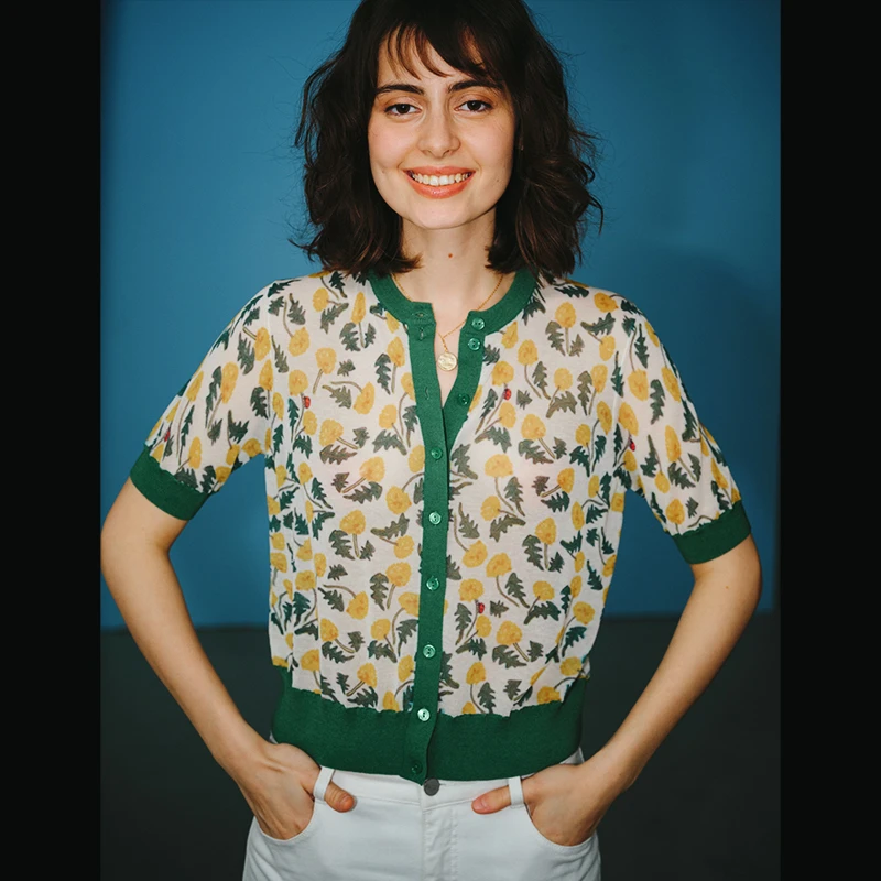 小虫X周小兜联名《旅行的蒲公英》绿印花棉混纺短袖开衫TE3XMZ099