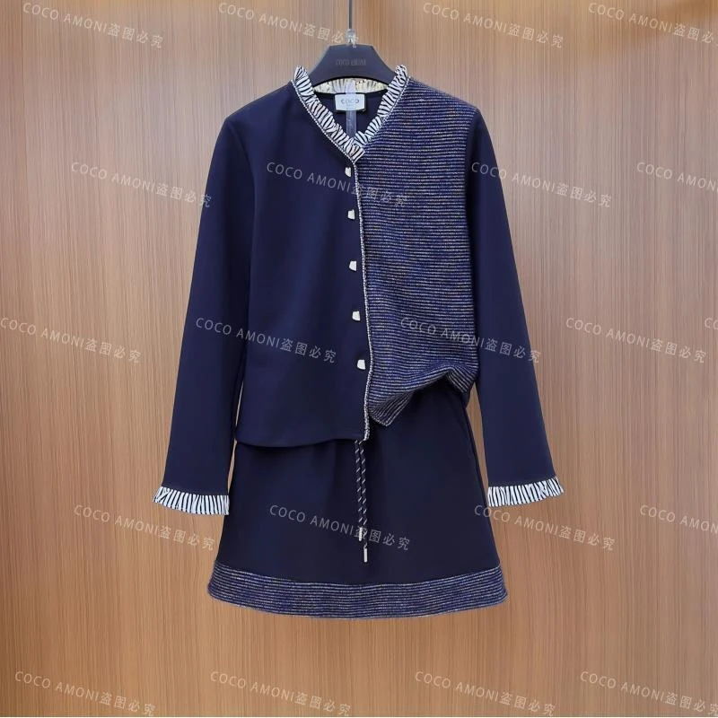 高级设计师秋冬季原创女拼接重工烫钻显瘦气质套装LDD110