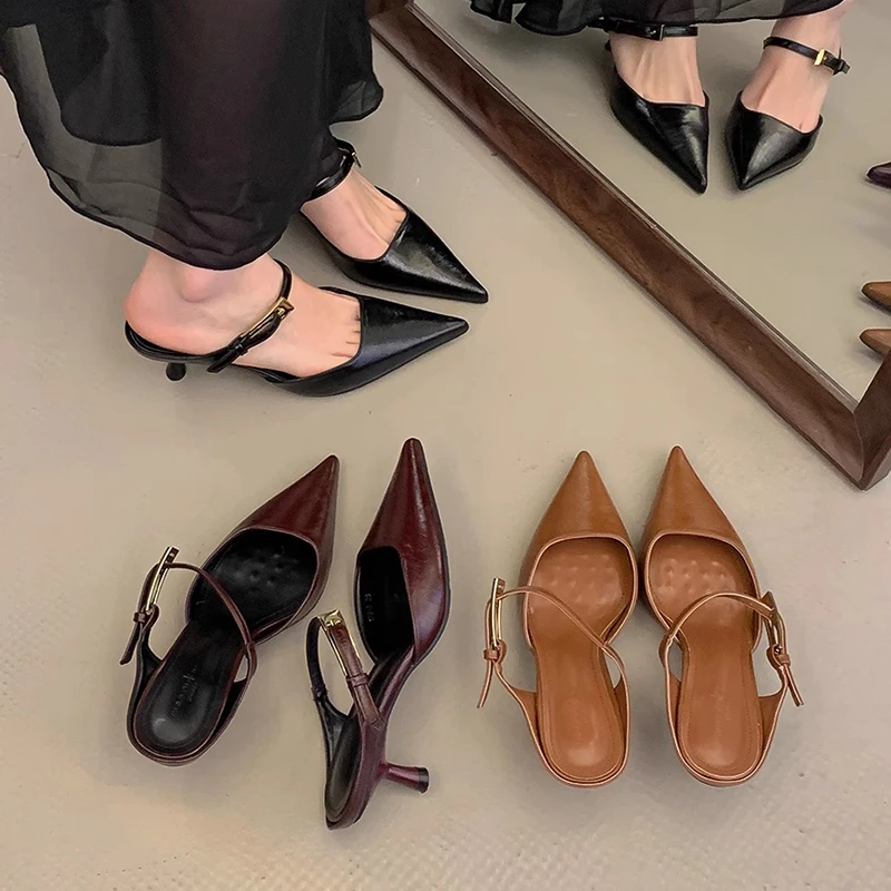 法式黑色中高跟鞋包头半拖鞋女鞋子外穿2025新款气质名媛半托单鞋