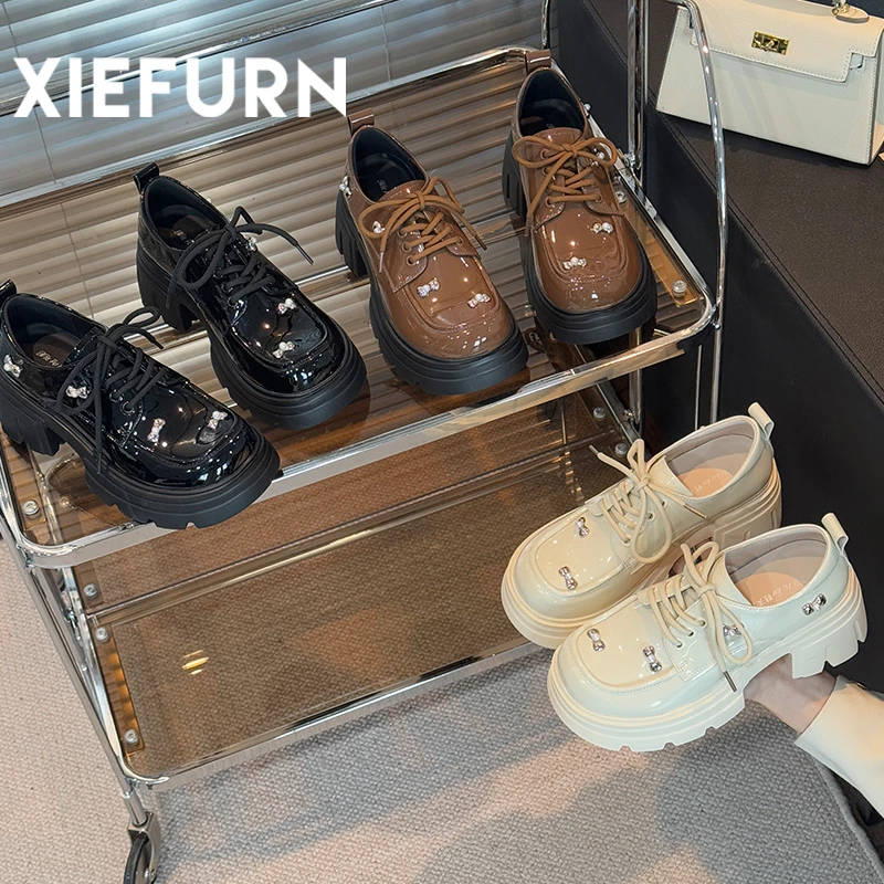 XIEFURN/鞋夫人简约风乐福鞋女款2025春季新款小皮鞋大头系带单鞋