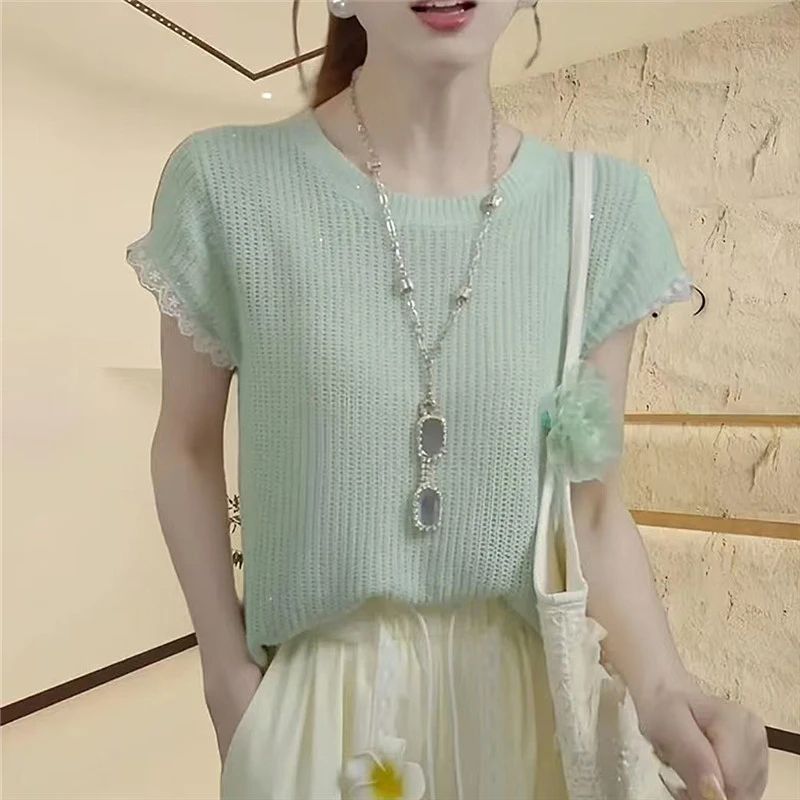 【赖妹妹】蕾丝拼接短袖t恤女2025新款女夏季针织衫后背镂空设计感