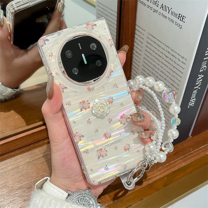 适用华为MateX6手机壳拉丝贝壳纹MateX5折叠屏满屏玫瑰花女保护套