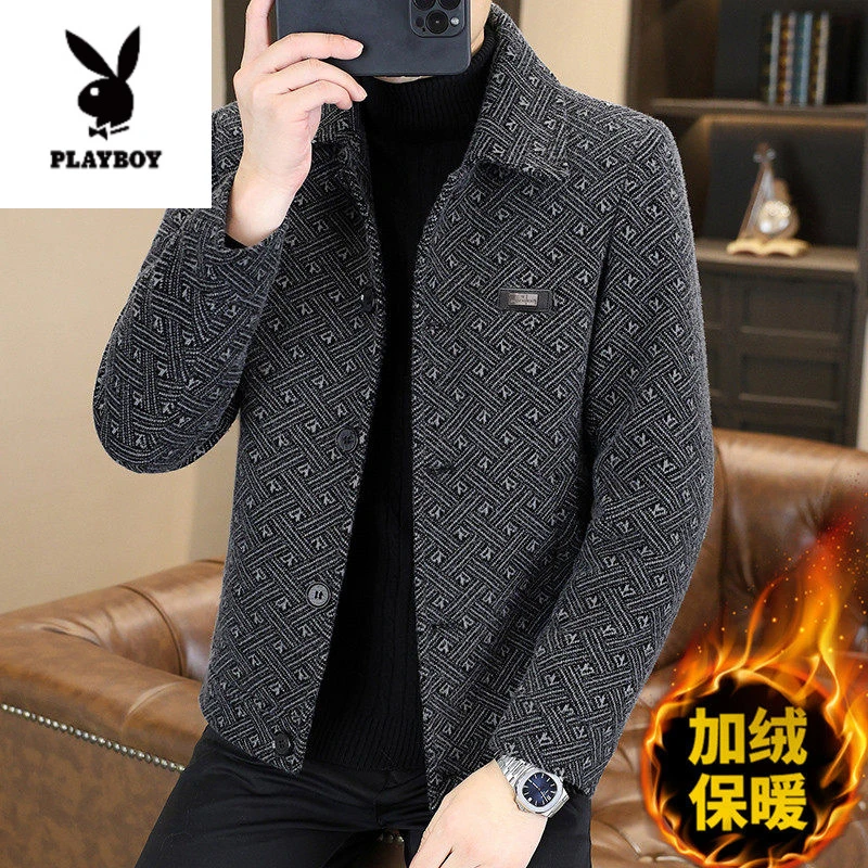 冬装翻领韩版帅气修身潮流时尚休闲上衣保暖加厚加绒毛呢夹克