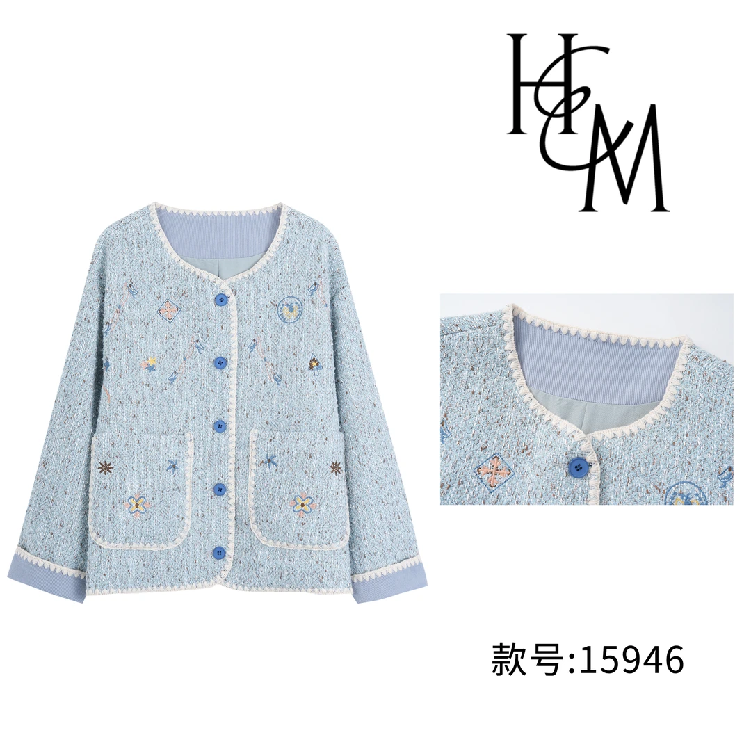 HUIERMAN/慧尔曼时尚秋冬小香风绣花撞色花边保暖呢子外套【15946】